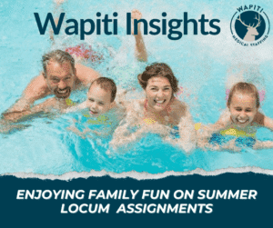 Summer locum tenens assignments graphic with family in pool